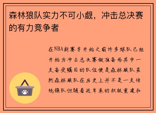 森林狼队实力不可小觑，冲击总决赛的有力竞争者