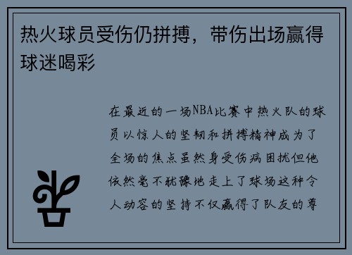 热火球员受伤仍拼搏，带伤出场赢得球迷喝彩